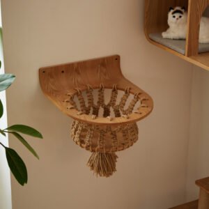 Wall-mounted wooden cat hammock with woven rope basket, designed for comfortable cat lounging.