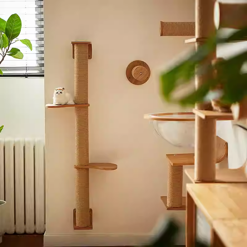 Wall-mounted cat climbing system with sisal post and wooden steps.