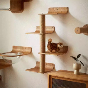 Wooden wall-mounted cat climbing shelves with sisal post in a modern living room.