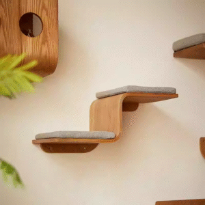 Wooden wall-mounted wave step shelf for cats to climb safely.