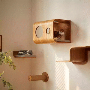 Wooden wall-mounted cat house with circular openings and matching climbing steps.