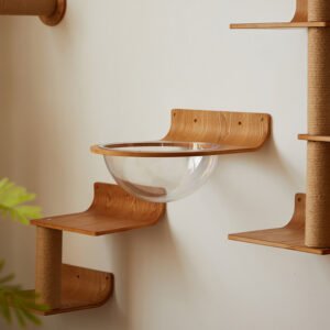 Wall-mounted wooden cat perch with a clear acrylic bowl.