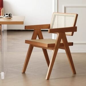 Solid oak wood chair with natural rattan seat and backrest
