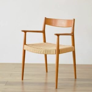 Oak wood armchair with handwoven seat for dining and commercial use